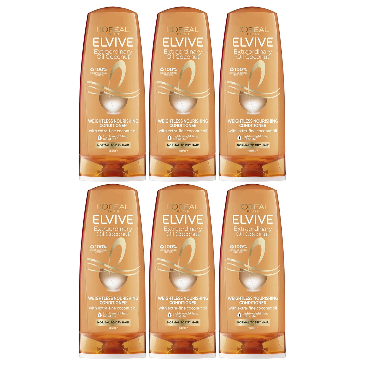 6x L'Oreal Paris Elvive Extraordinary Oil Coconut Conditioner 300ml (Bulk Pack)