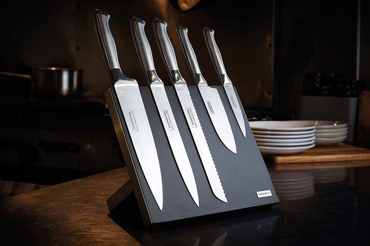 Tramontina 6-Piece Polaris Magnetic Knife Block Set Kitchen Knives in Black