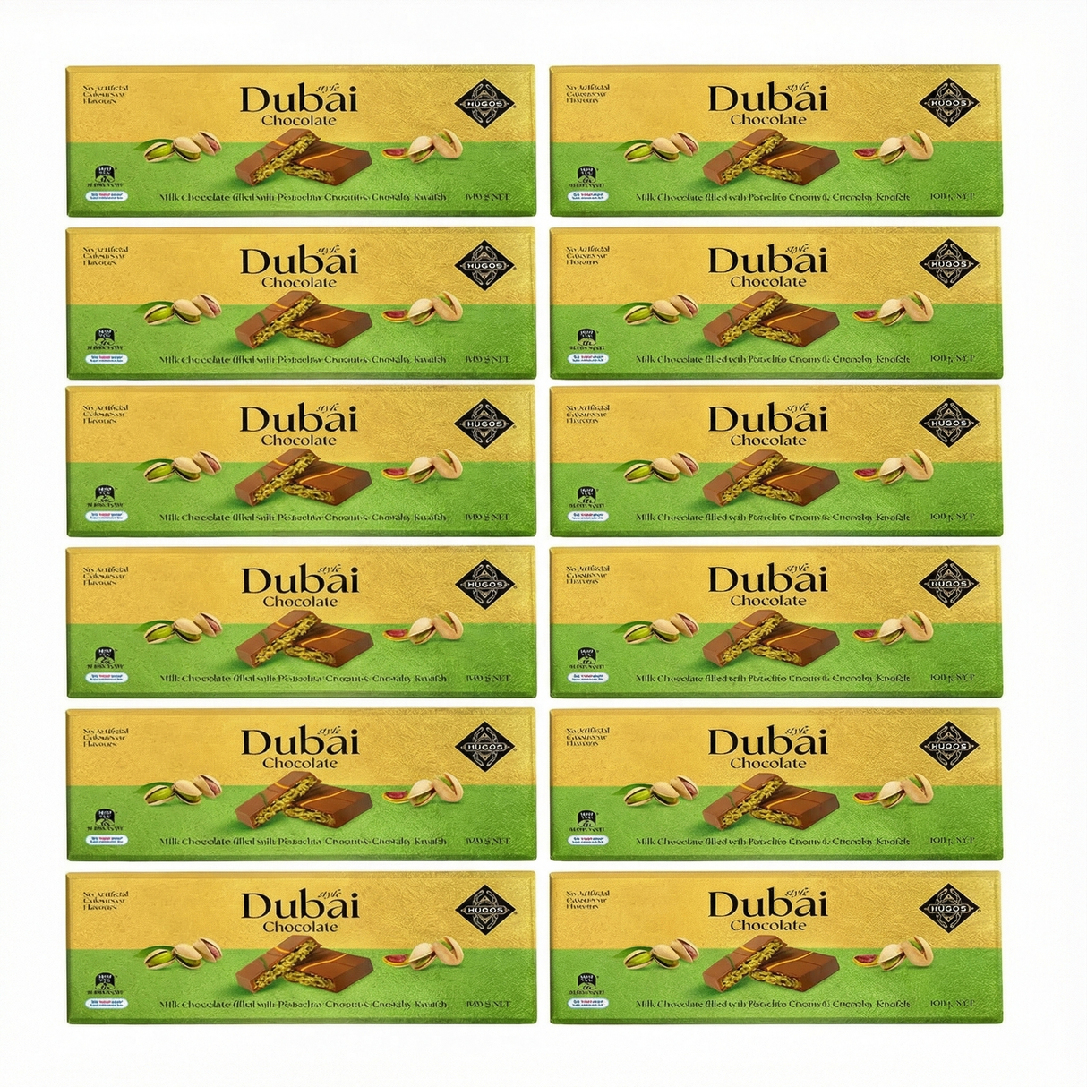 12x Hugos Dubai Chocolate Block Bulk Pack (Milk Chocolate with Pistachio Cream & Knafeh) - 100g