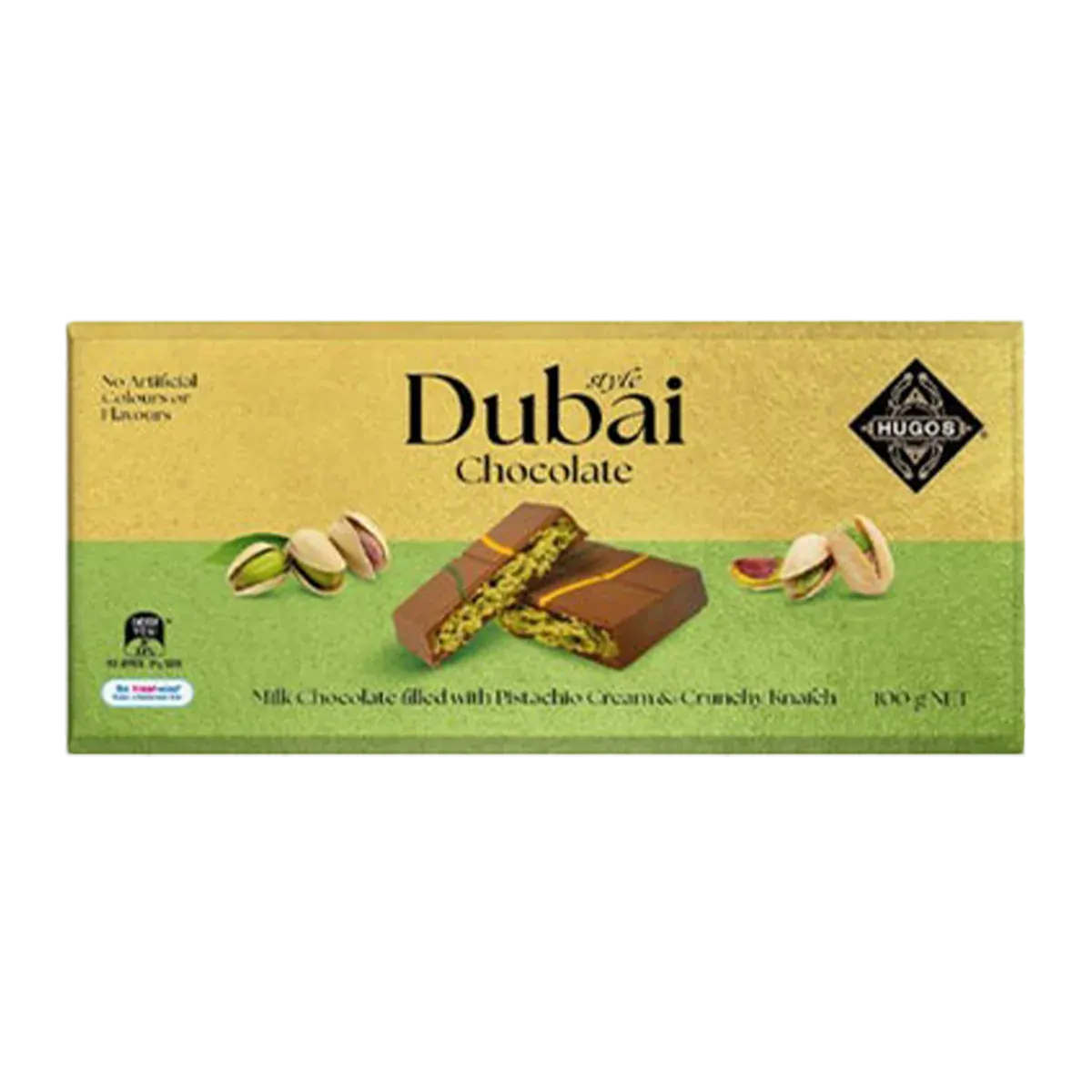 100g Hugos Dubai Chocolate Block (Milk Chocolate filled with Pistachio Cream & Knafeh)