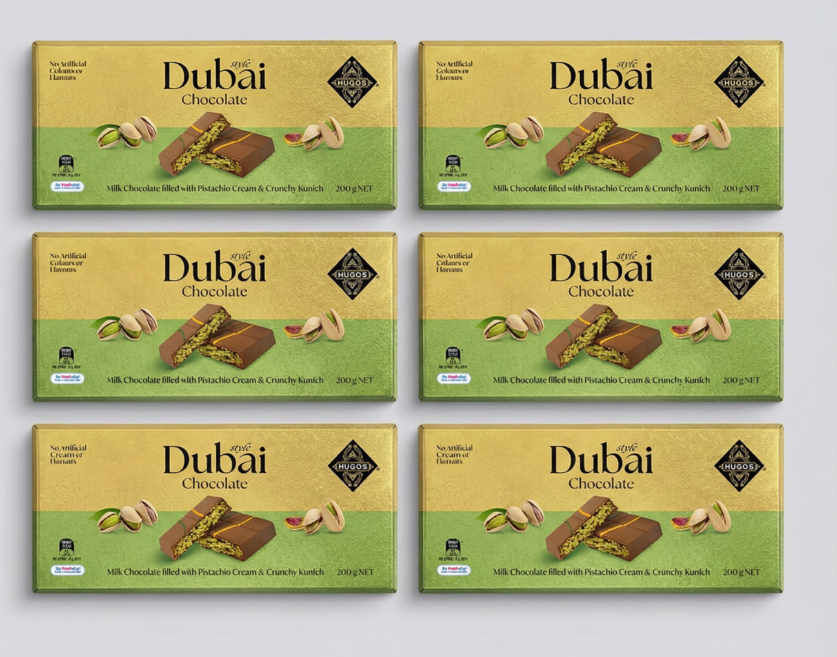 6x Hugos Dubai Chocolate Block (Milk Chocolate filled with Pistachio Cream & Knafeh) - 200g