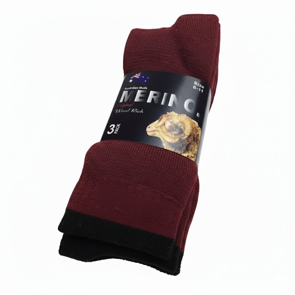 3 Pairs MERINO WOOL SOCKS Mens Heavy Duty Premium Thick Work Socks Cushion in Burgundy