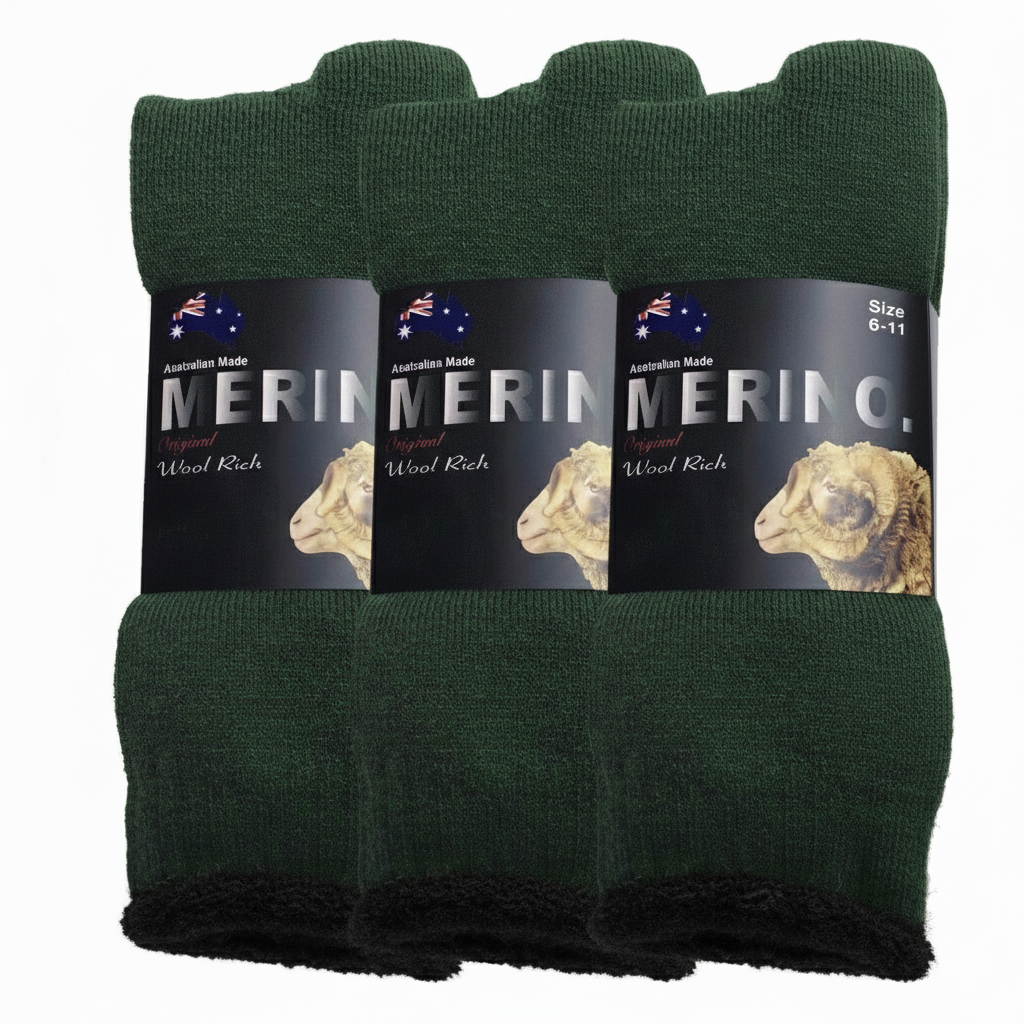 3 Pairs MERINO WOOL SOCKS Mens Heavy Duty Premium Thick Work Socks Cushion in Green