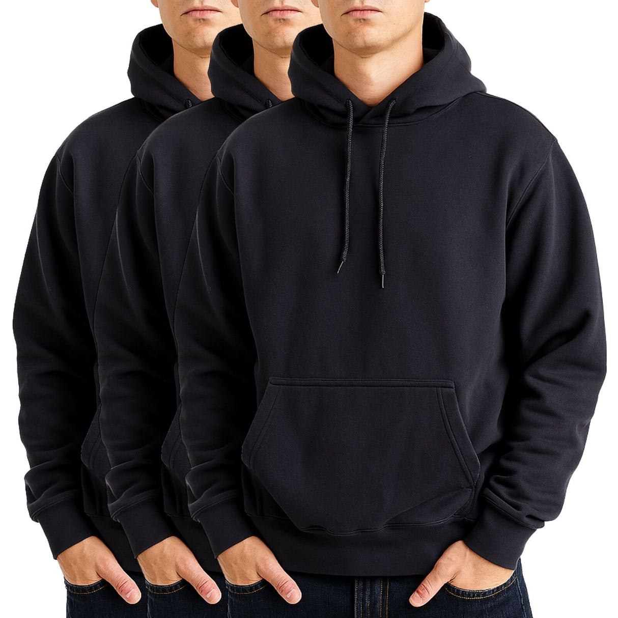 3x Mens Cotton Blend Black Hoodie Pack - Fleece Lined Jumper/Pullover/Sweatshirt