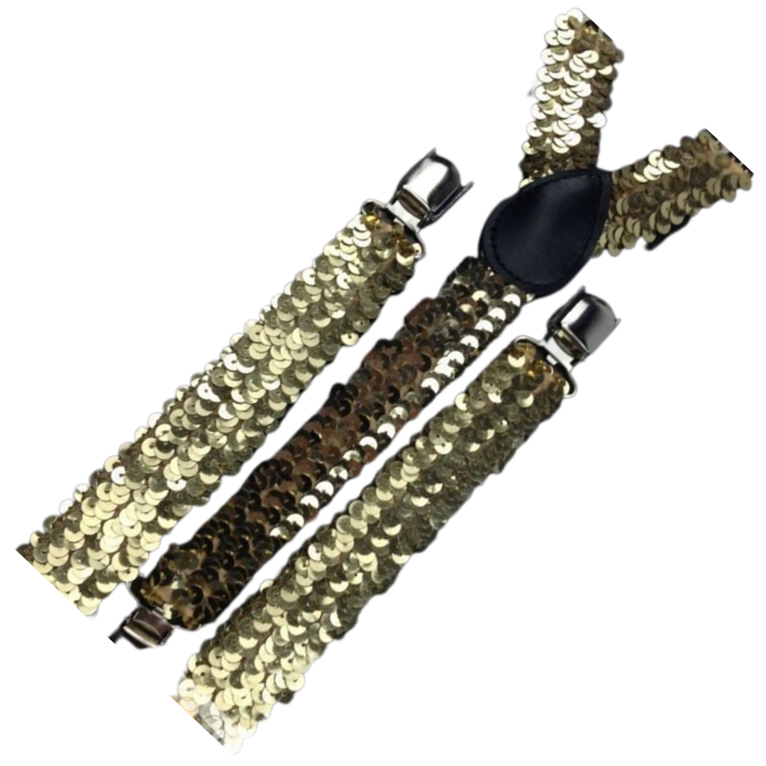 3x Gold Sequin Slim Suspenders - Strong Adjustable Clip On Braces for Weddings/Formals