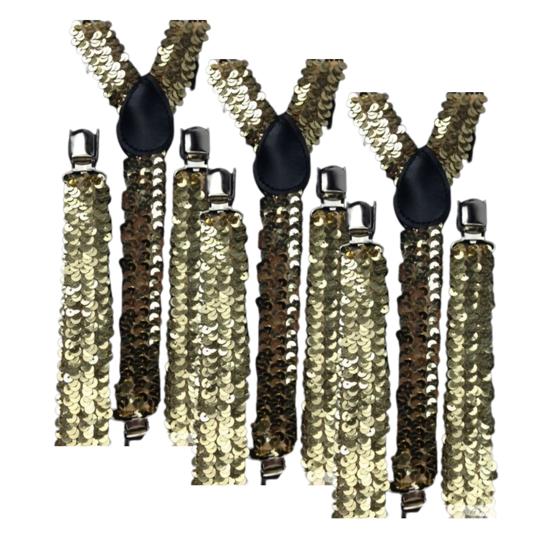 3x Gold Sequin Slim Suspenders - Strong Adjustable Clip On Braces for Weddings/Formals