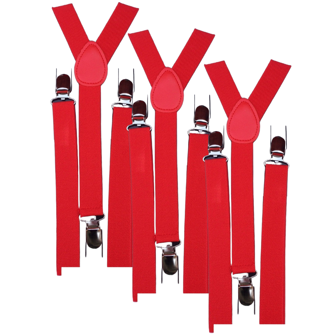3x Red Slim Suspenders Bulk Pack - Strong Adjustable Clip On Braces for Weddings/Formals