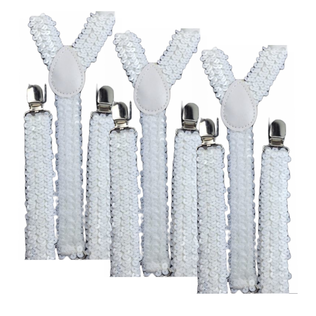 3x White Sequin Suspenders Bulk Pack - Unisex Adjustable Clip On Elastic Y-Back Braces