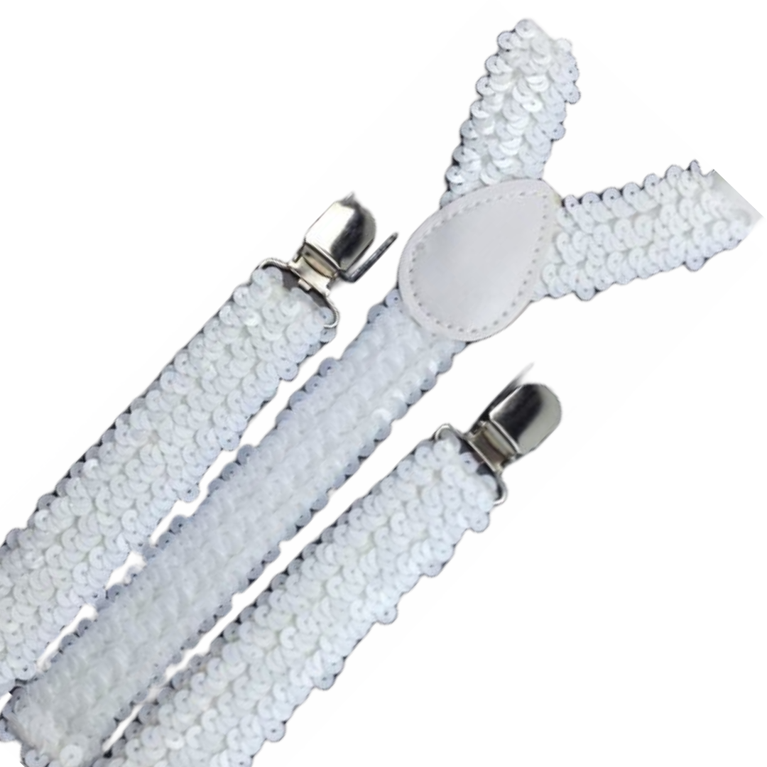 3x White Sequin Suspenders Bulk Pack - Unisex Adjustable Clip On Elastic Y-Back Braces