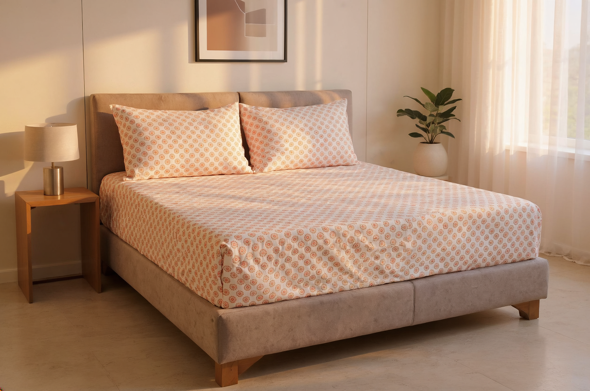 Blush Medallion Pure Cotton Fitted Bed Sheet + Pillowcase Set
