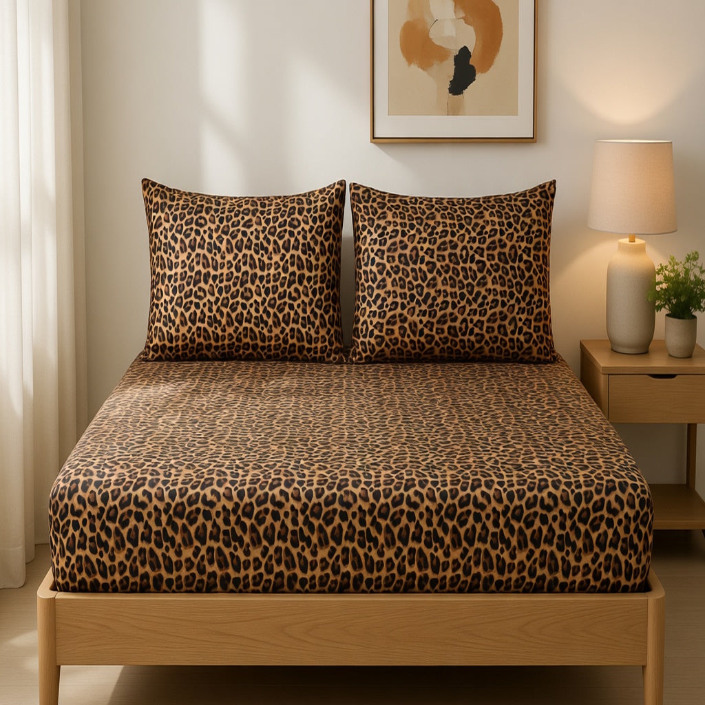 Glam Leopard Pure Cotton Fitted Bed Sheet + Pillowcase Set