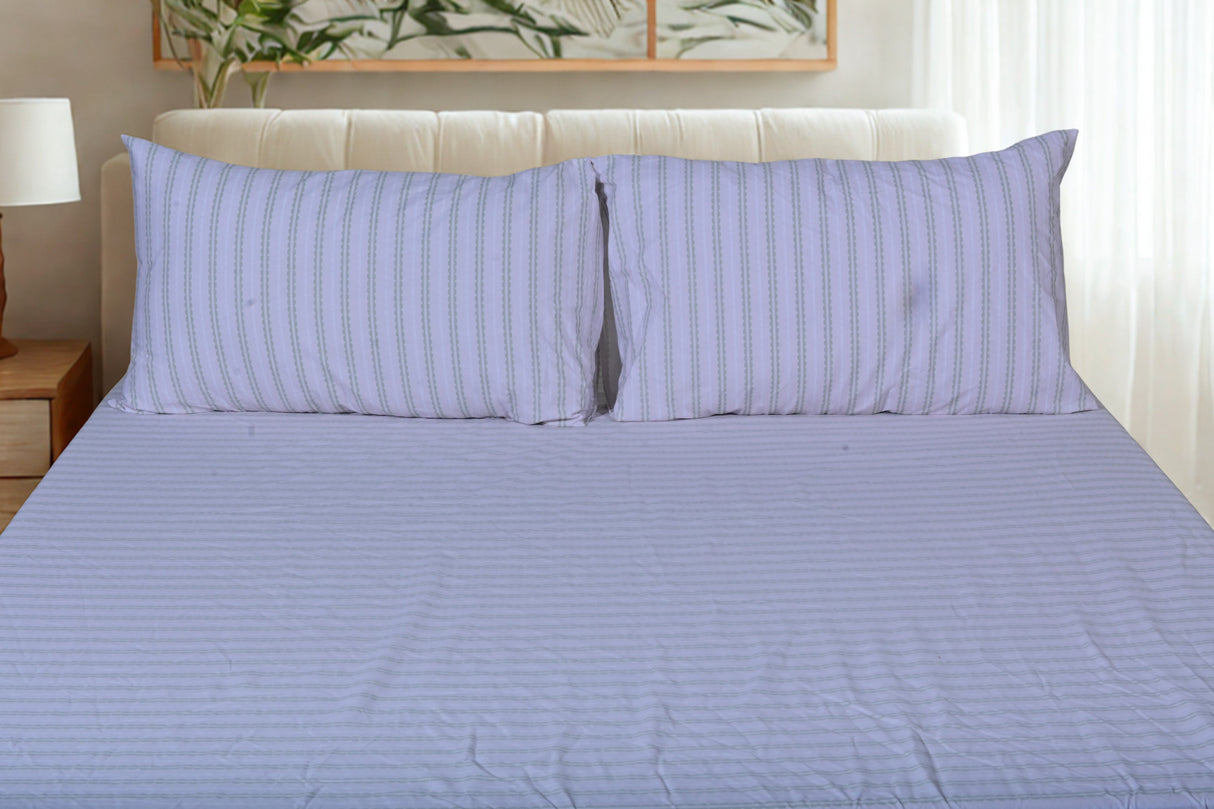 Lilac Stripe Pure Cotton Fitted Bed Sheet + Pillowcase Set
