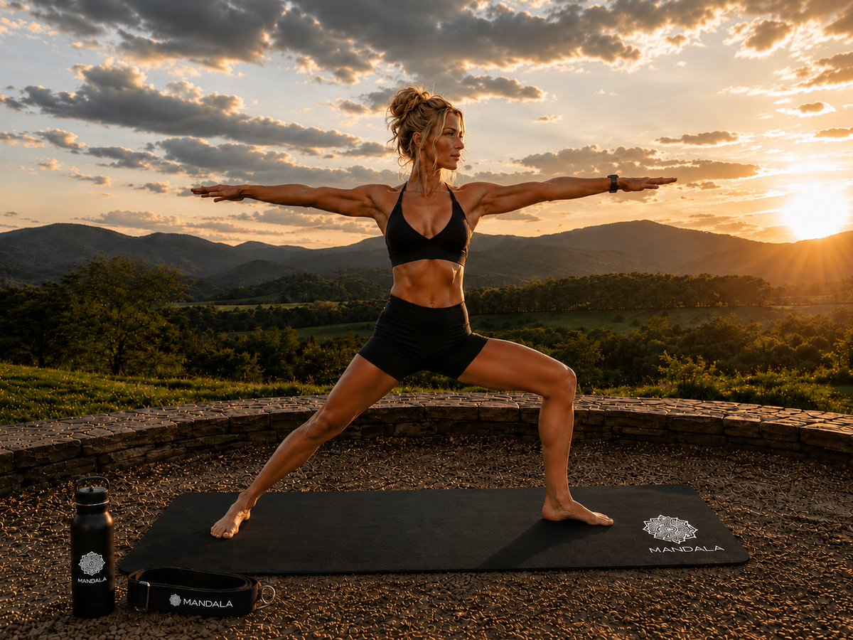 Mandala Premium Yoga Mat Set - Black (5mm Vegan Suede Mat, Adjustable Strap & Stainless Steel Water Bottle)