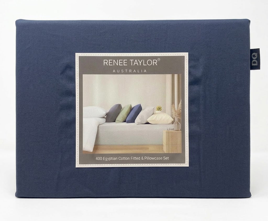 Renee Taylor 400TC Egyptian Cotton Fitted Sheet & Pillowcase Set - Steel Blue (OEKO-TEX Certified)