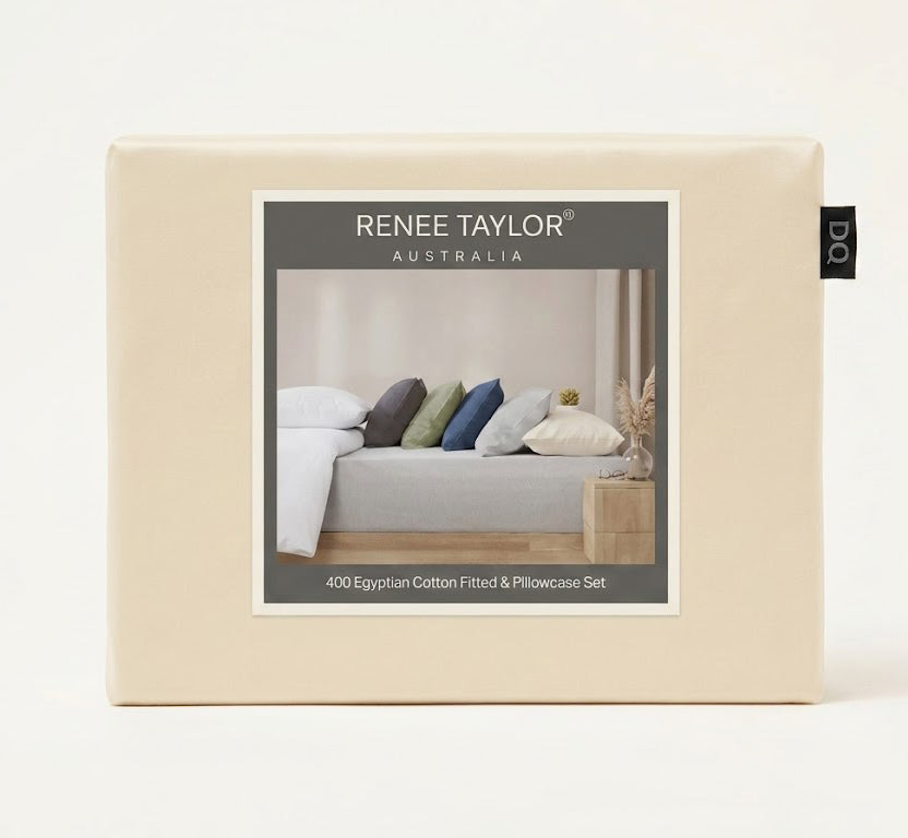Renee Taylor 400TC Egyptian Cotton Fitted Sheet & Pillowcase Set - Vanilla (OEKO-TEX Certified)