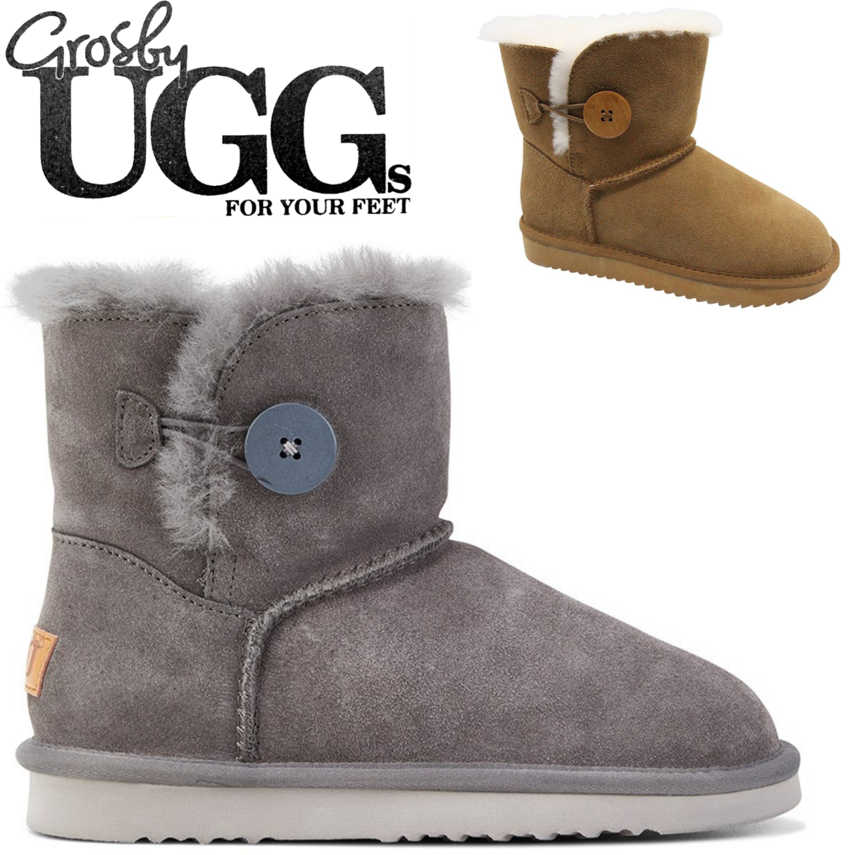 Grosby Womens Button UGG Boots Sheepskin Water Resistant Ankle Shoes Slippers - Dark Grey