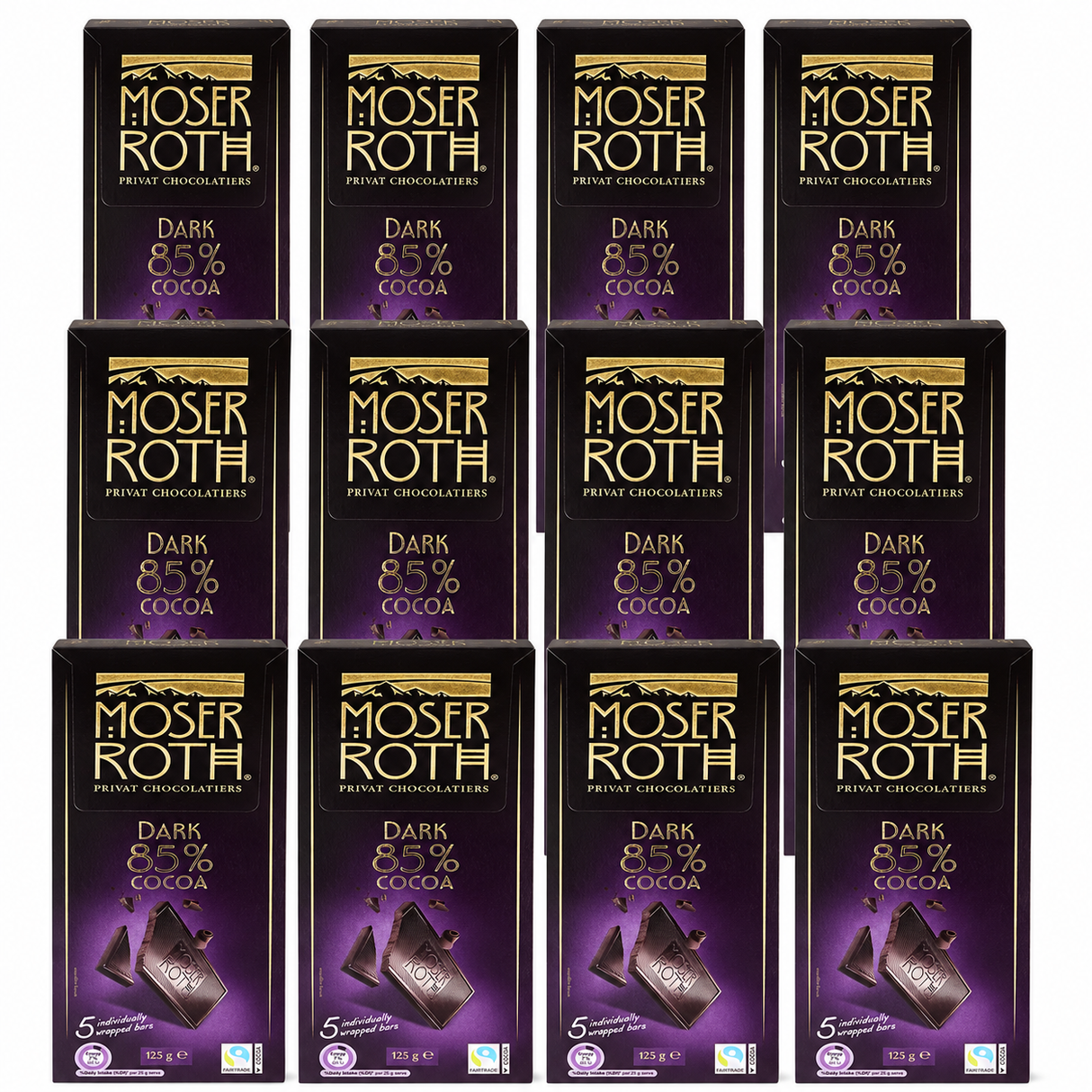 12x Moser Roth 85% Cocoa Dark Chocolate Block Bulk Pack - Made in Germany (60 Bars)