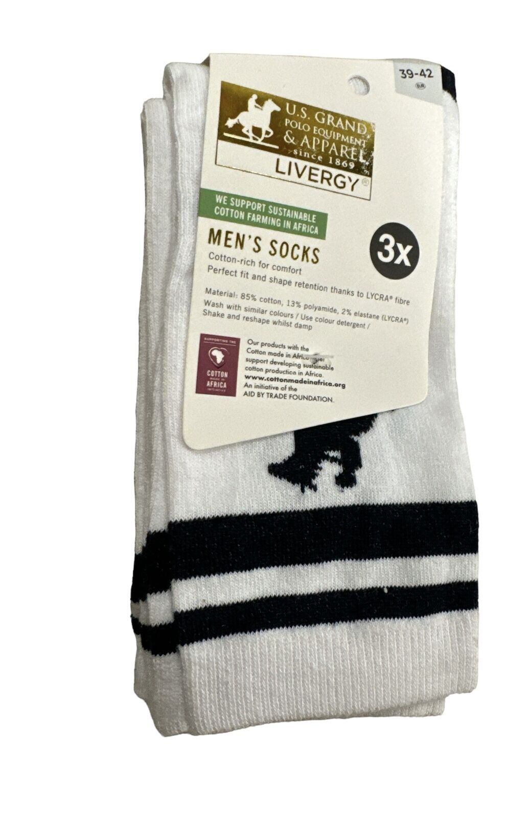 U.S. Grand Polo Livergy Mens Crew Socks - White/Navy - 1 Pack of 3 Pairs