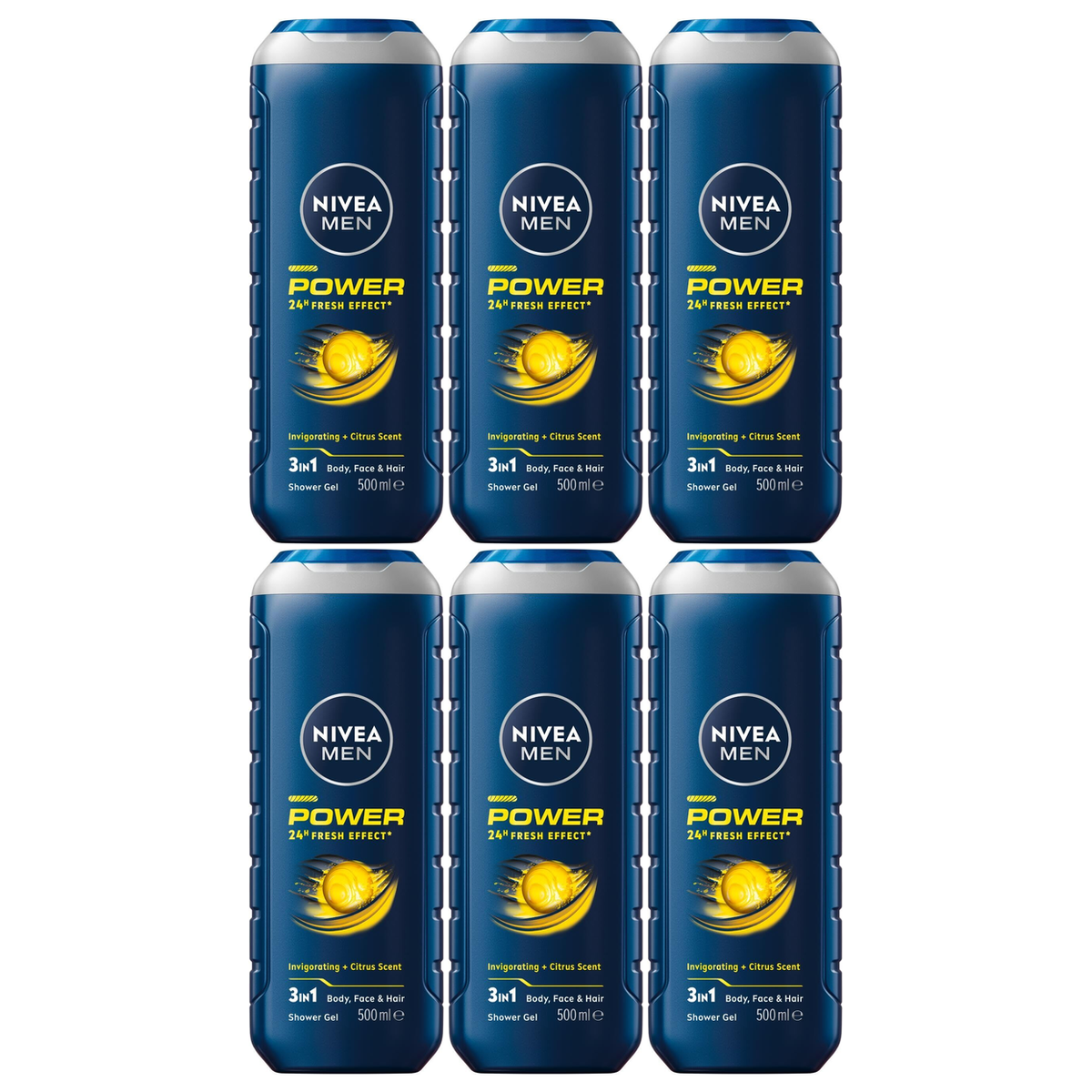 6x 500ml Nivea Men Power Fresh 3-in-1 Shower Gel Bulk Pack - Body Face & Hair (24H Fresh Effect)