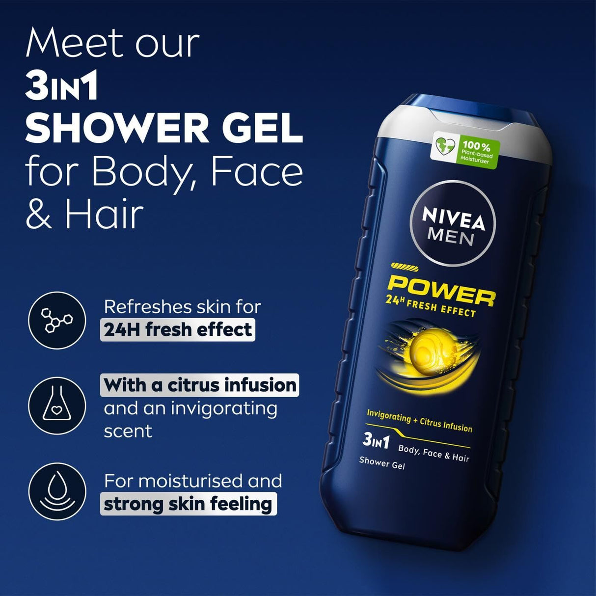 NIVEA Men Power Fresh 3-in-1 Shower Gel Body Face Hair 500ml 24H Fresh Effect