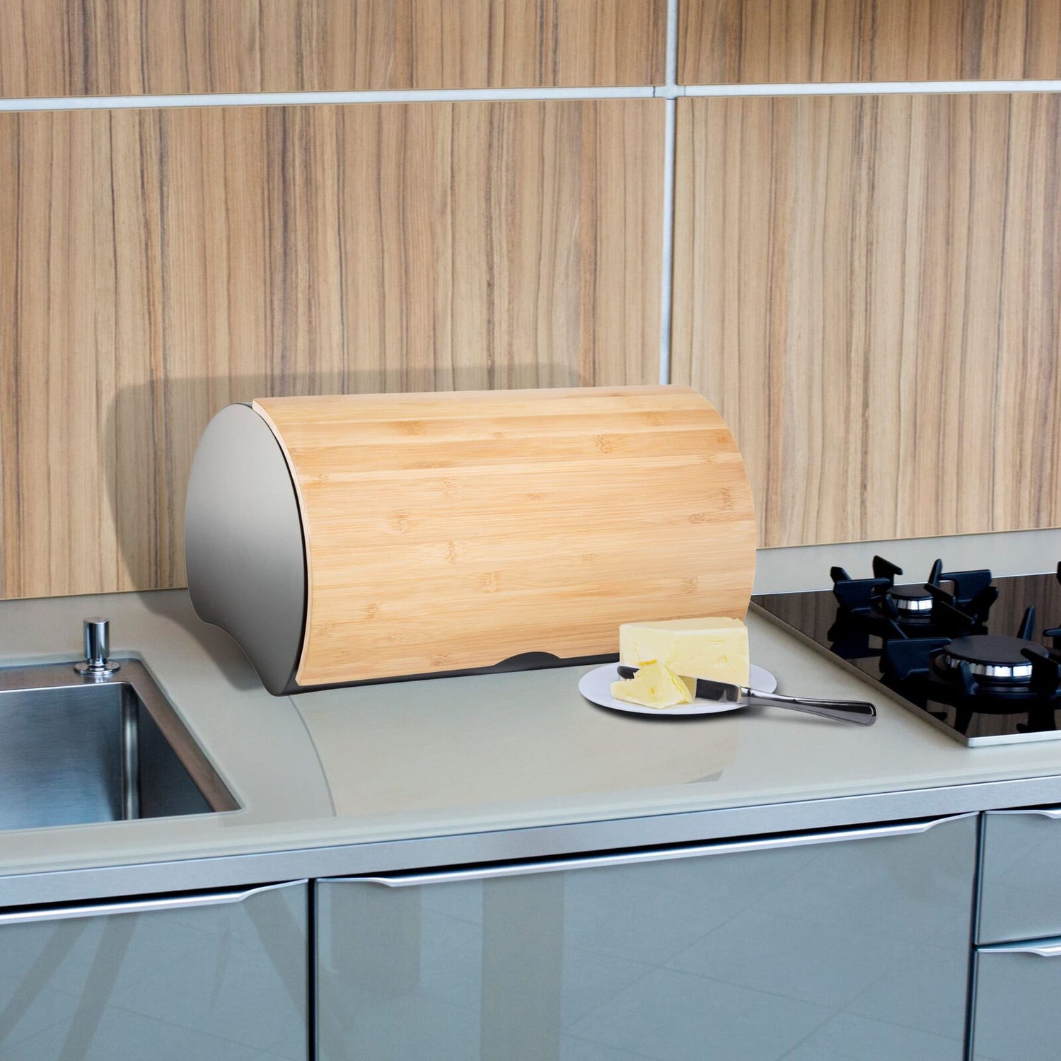 Oggi Stainless Steel Large Countertop Bread Bin with Bamboo Lid in Black