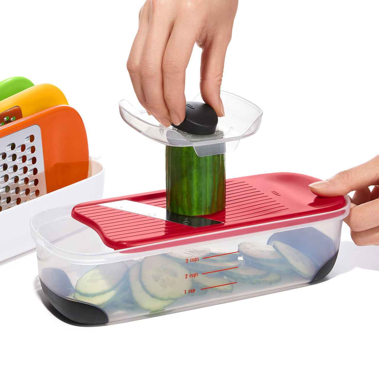 OXO Good Grips Grate & Slice Set – 4 Blade Prep Kit with Container Lid Non-Slip Base Dishwasher Safe