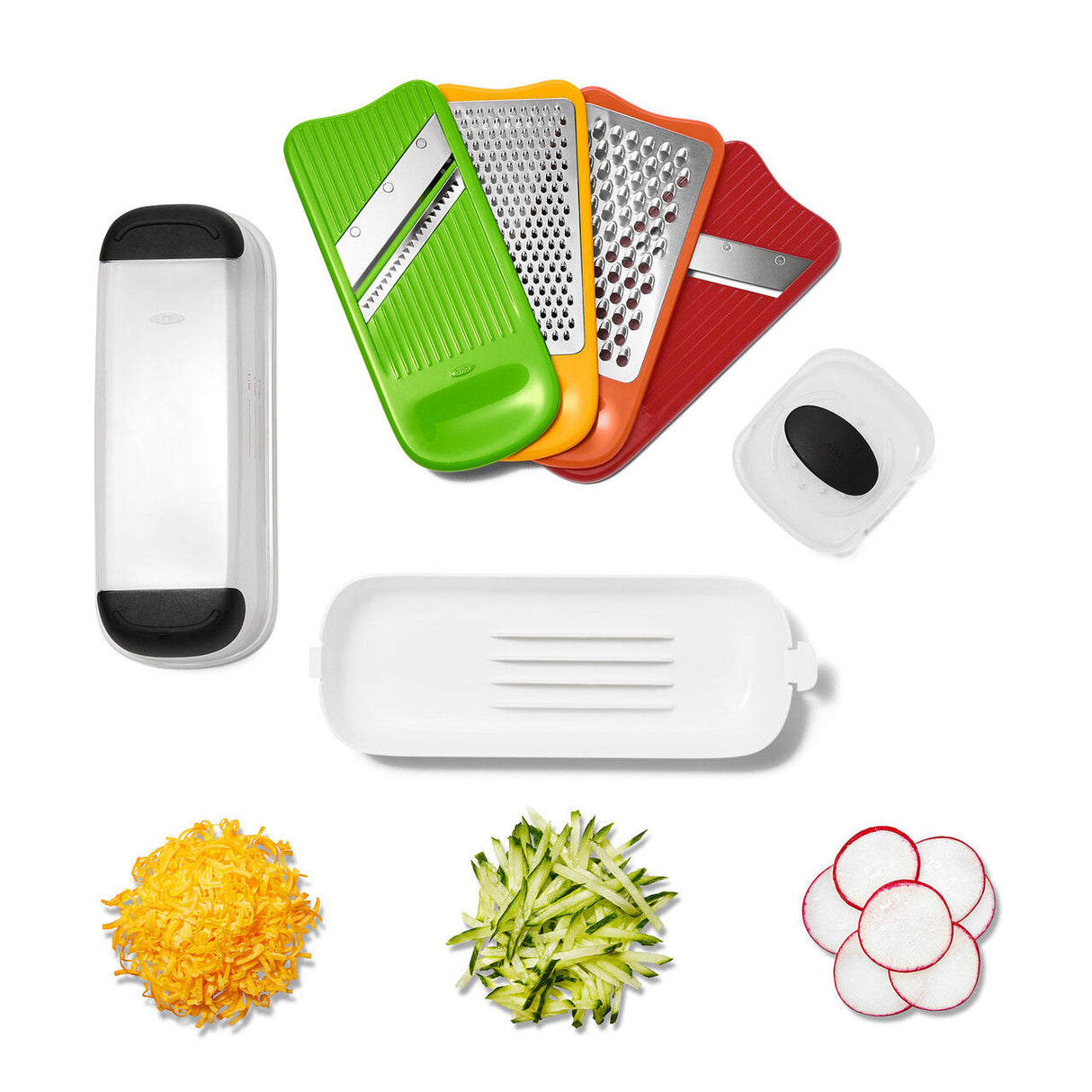 OXO Good Grips Grate & Slice Set – 4 Blade Prep Kit with Container Lid Non-Slip Base Dishwasher Safe