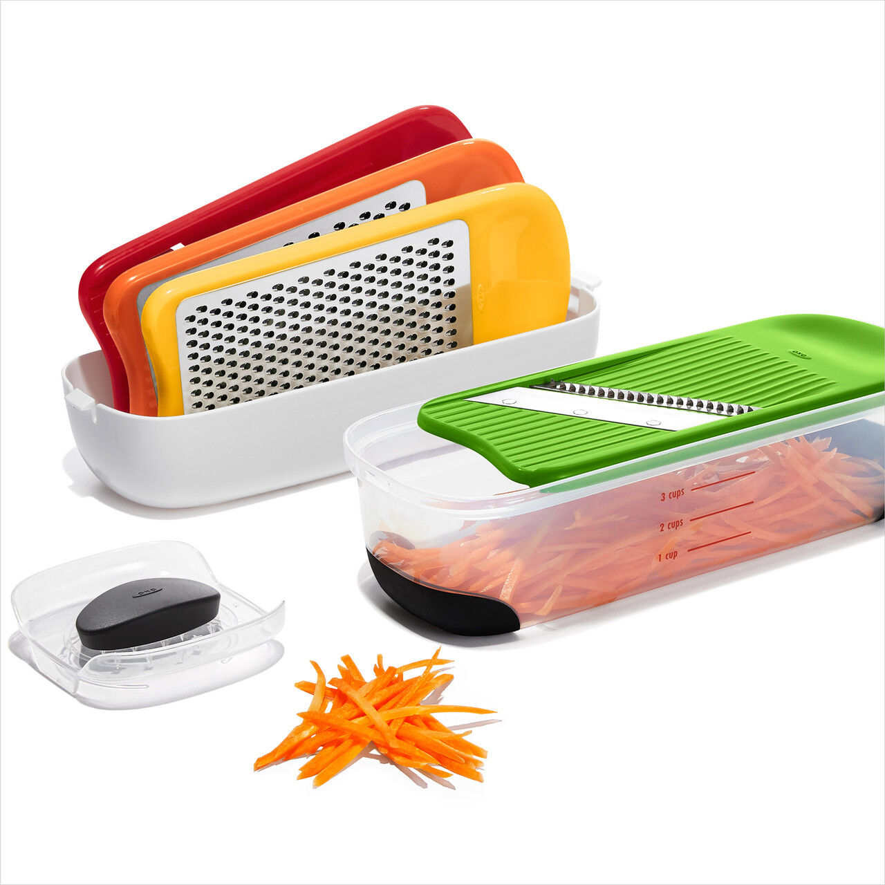 OXO Good Grips Grate & Slice Set – 4 Blade Prep Kit with Container Lid Non-Slip Base Dishwasher Safe