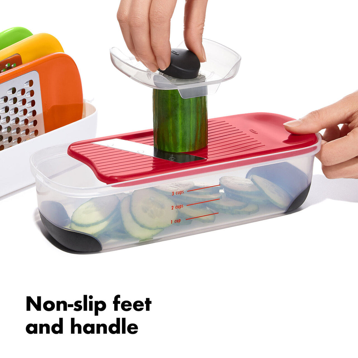 OXO Good Grips Grate & Slice Set – 4 Blade Prep Kit with Container Lid Non-Slip Base Dishwasher Safe