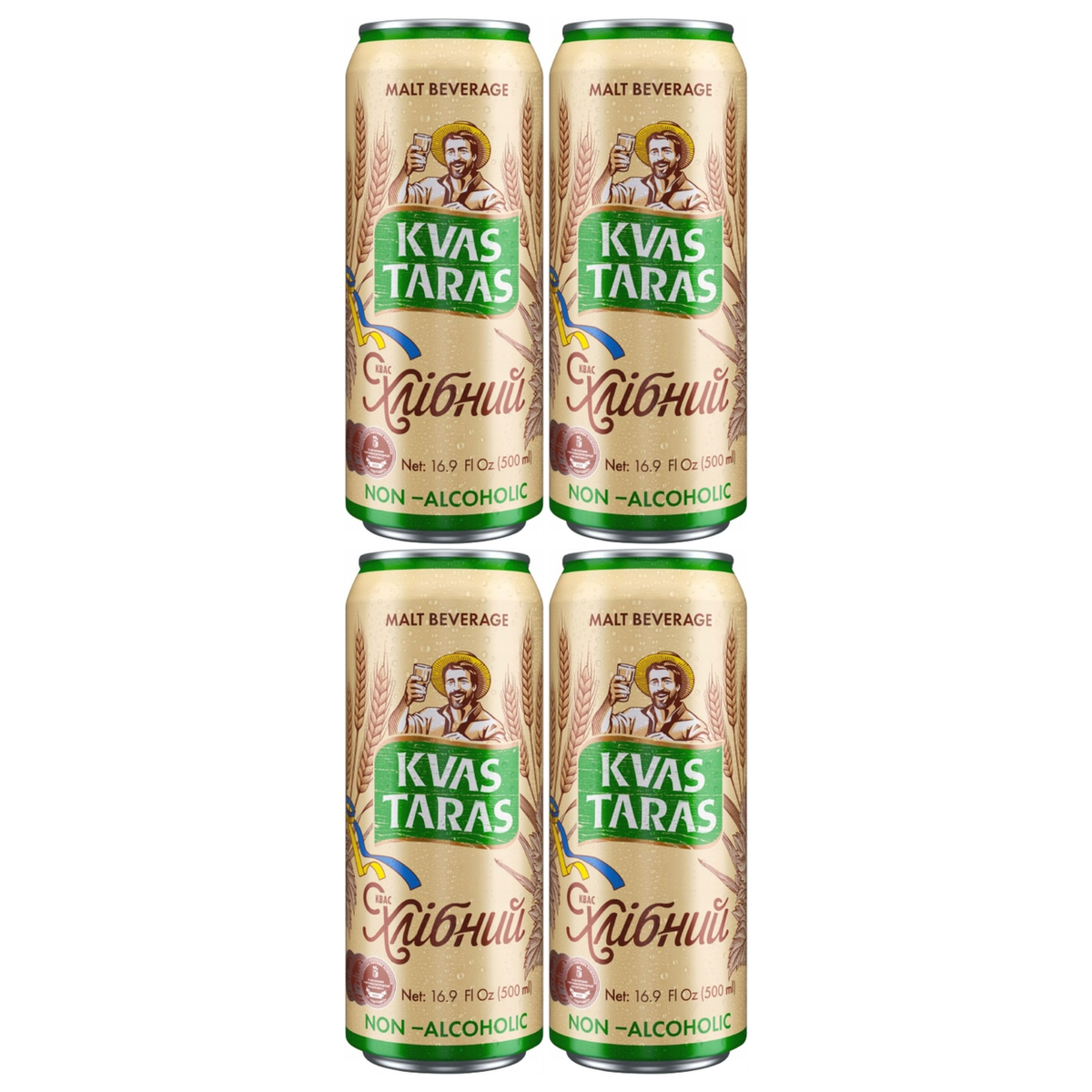 4x 500ml Kvas Taras Kvass Traditional Malt Bread Drink - Non-Alcoholic (Cans)