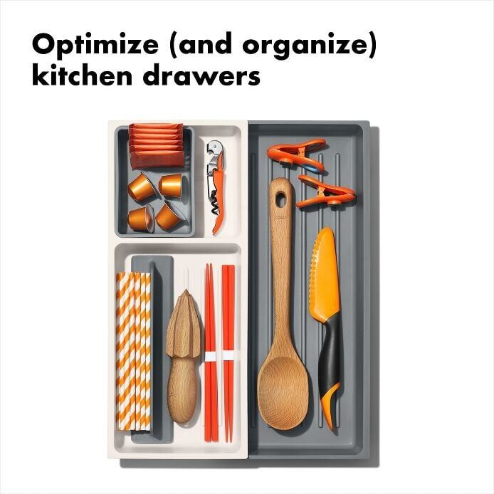OXO GG Expand Kitchen Tool Drawer Organiser Adjustable Dividers Storage Cup Non-Slip
