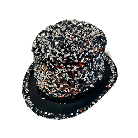 Sequin Top Hat Costume Party Cap Fancy Dress Trilby Fedora One Size - Silver/Black