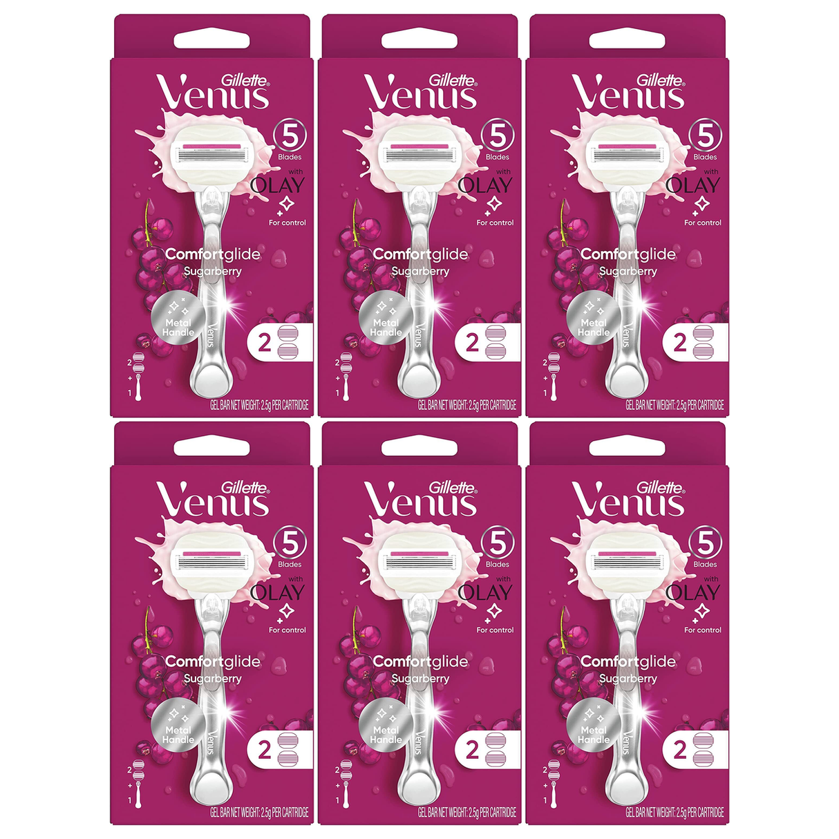 6x Gillette Venus Womens Comfortglide Sugarberry Razor Bulk Pack - Metal Handle + 2 Cartridges