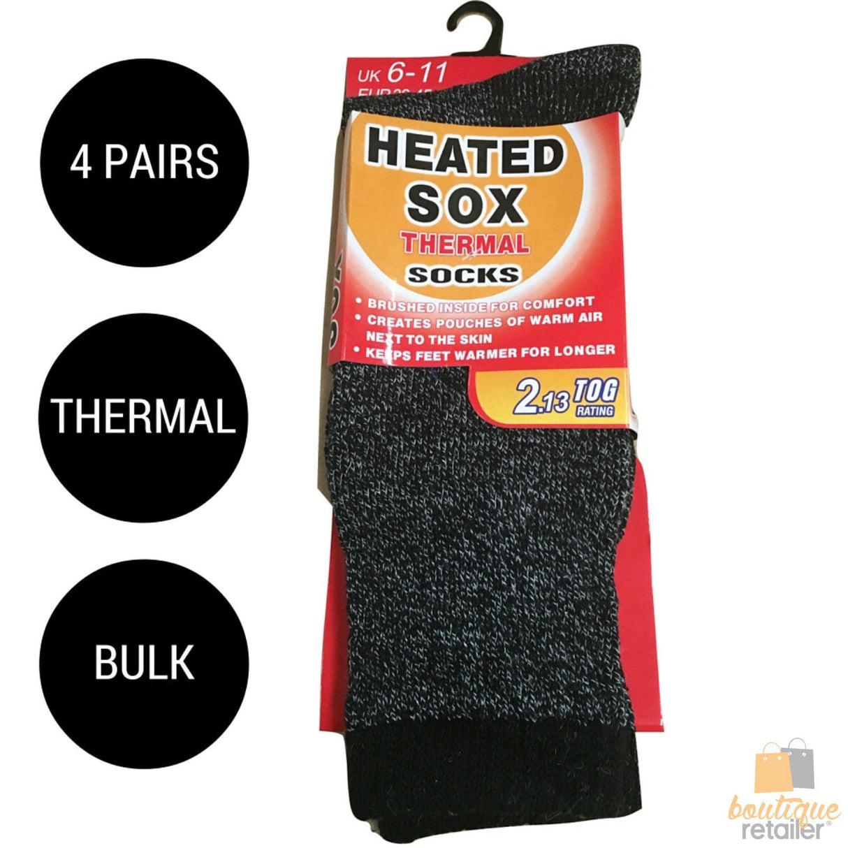 4 Pairs Mens Thermal Heated Socks Bulk Pack (6-11 UK) - Warm Winter Work Ski Socks