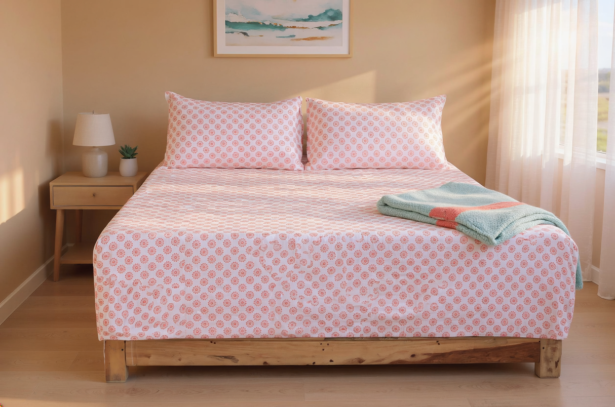 Blush Medallion Pure Cotton Fitted Bed Sheet + Pillowcase Set