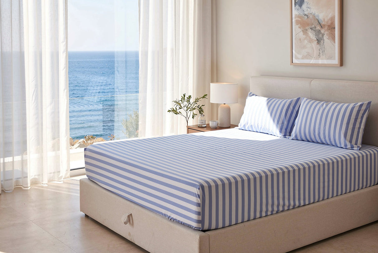 Coastal Bliss Pure Cotton Fitted Bed Sheet + Pillowcase Set