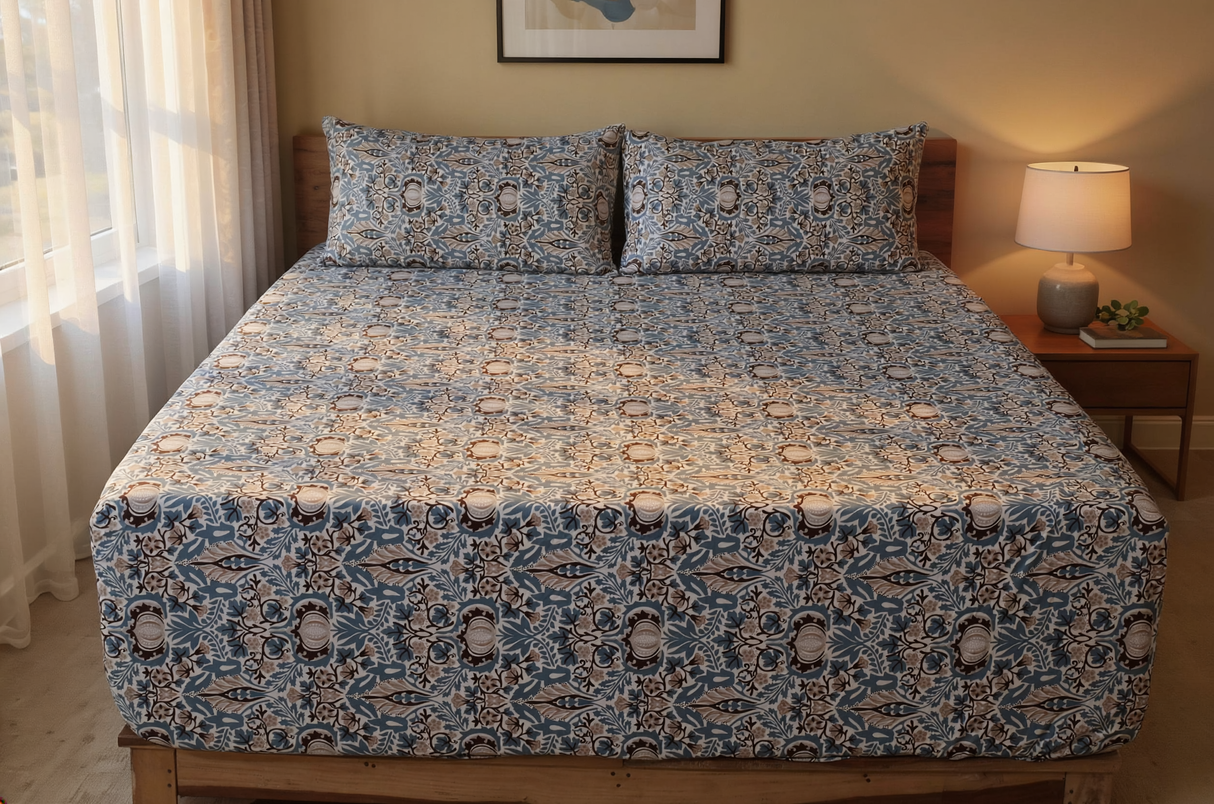 Iris Pure Cotton Fitted Bed Sheet + Pillowcase Set