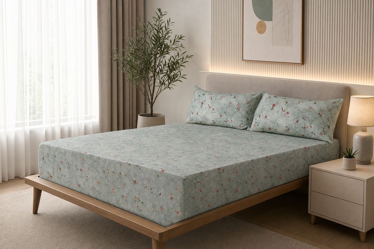 Ivy Bloom Pure Cotton Fitted Bed Sheet + Pillowcase Set