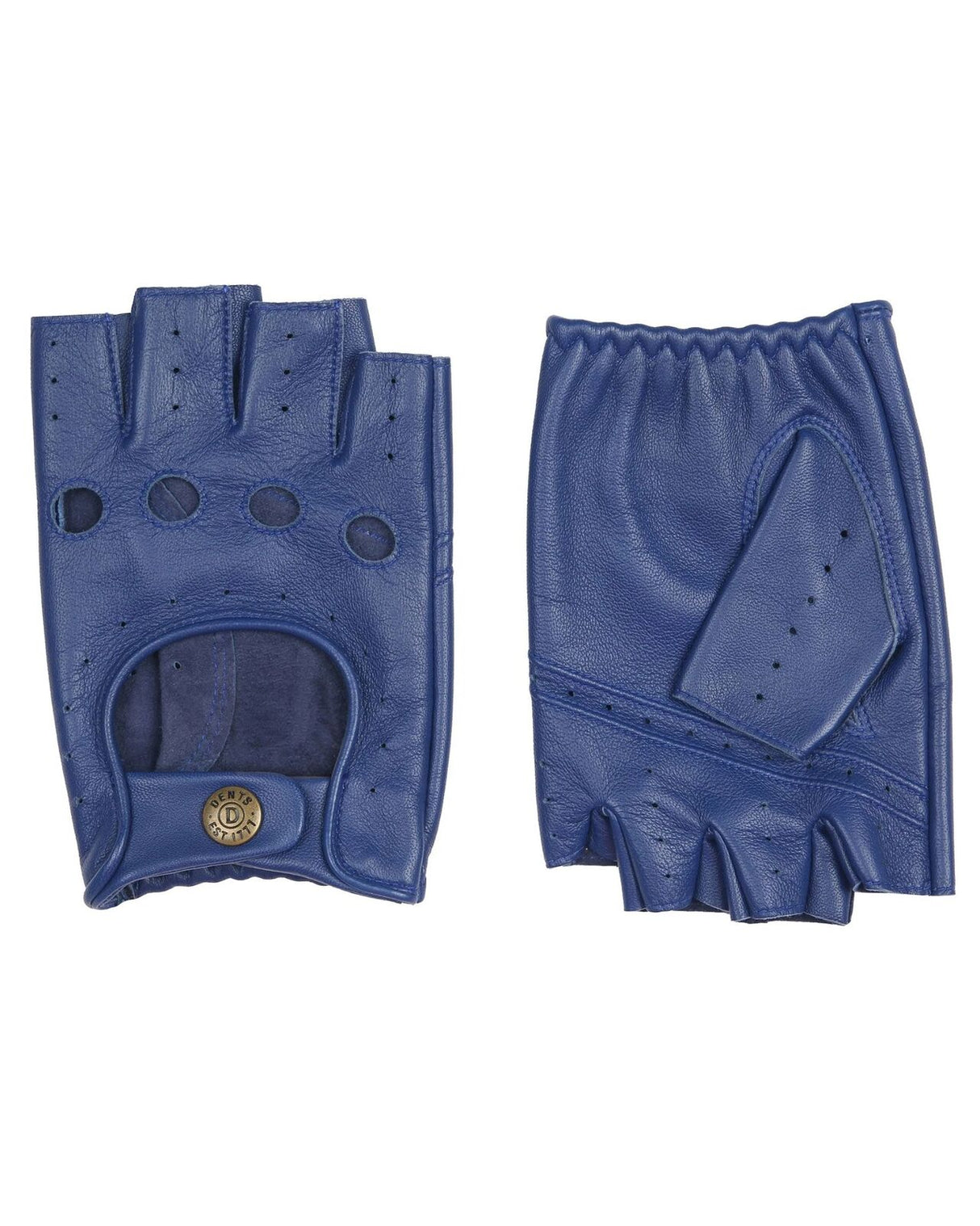 Dents Mens Fingerless Leather Driving Gloves in Royal/Black