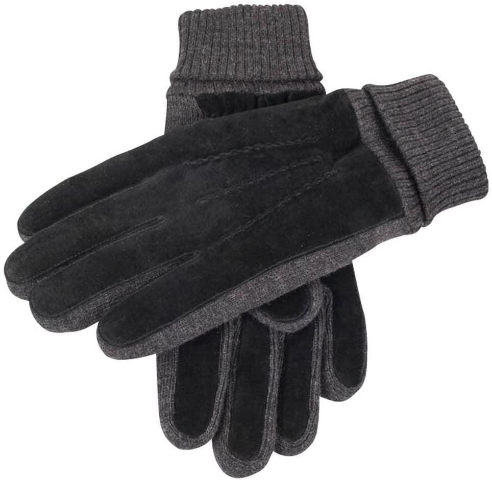 Dents Mens Pigsuede Winter Gloves with Acrylic Knit Cuff - Black/Charcoal (Fleece Lined)