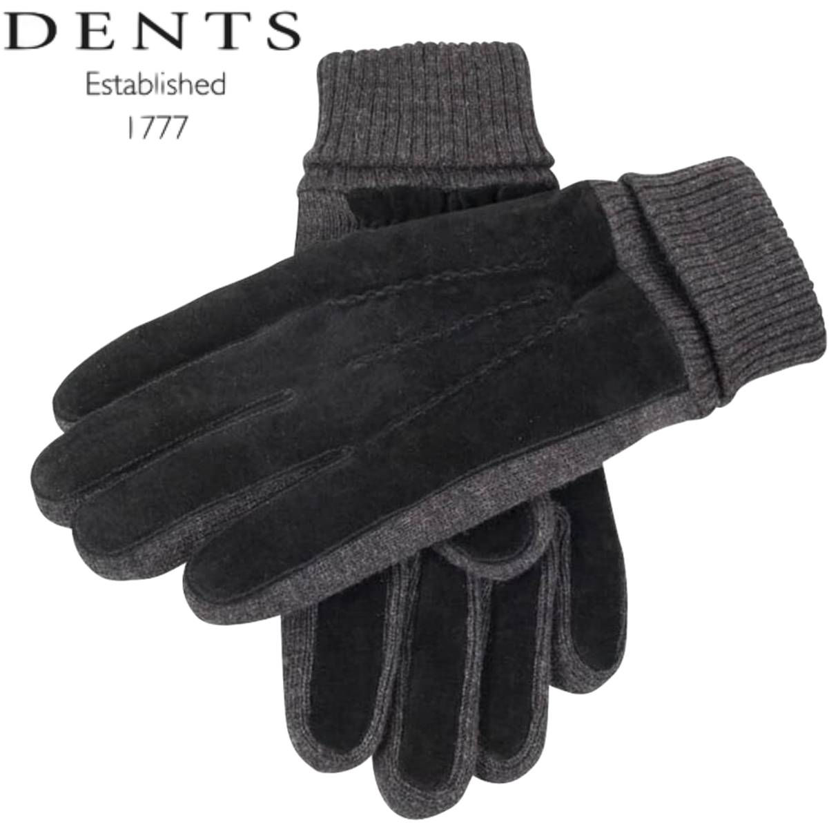 Dents Mens Pigsuede Gloves With Acrylic Knit Cuff 3 And Fleece Lining Winter - Black/Charcoal