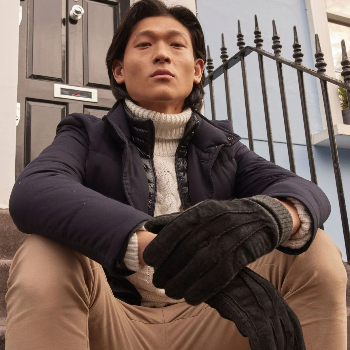 Dents Mens Pigsuede Winter Gloves with Acrylic Knit Cuff - Black/Charcoal (Fleece Lined)