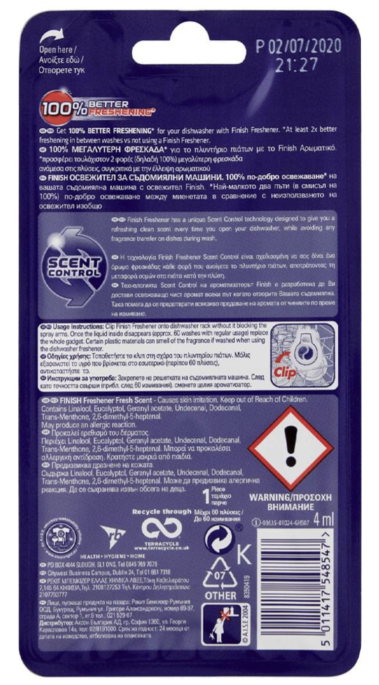 Finish Clip-On Dishwashing Freshener Scent Control 4ml - Fresh Scent