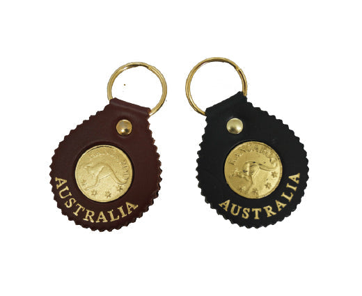 Jacaru 6401 Round Leather Keyring with Kangaroo Coin - 5.5cm (Made in Australia)