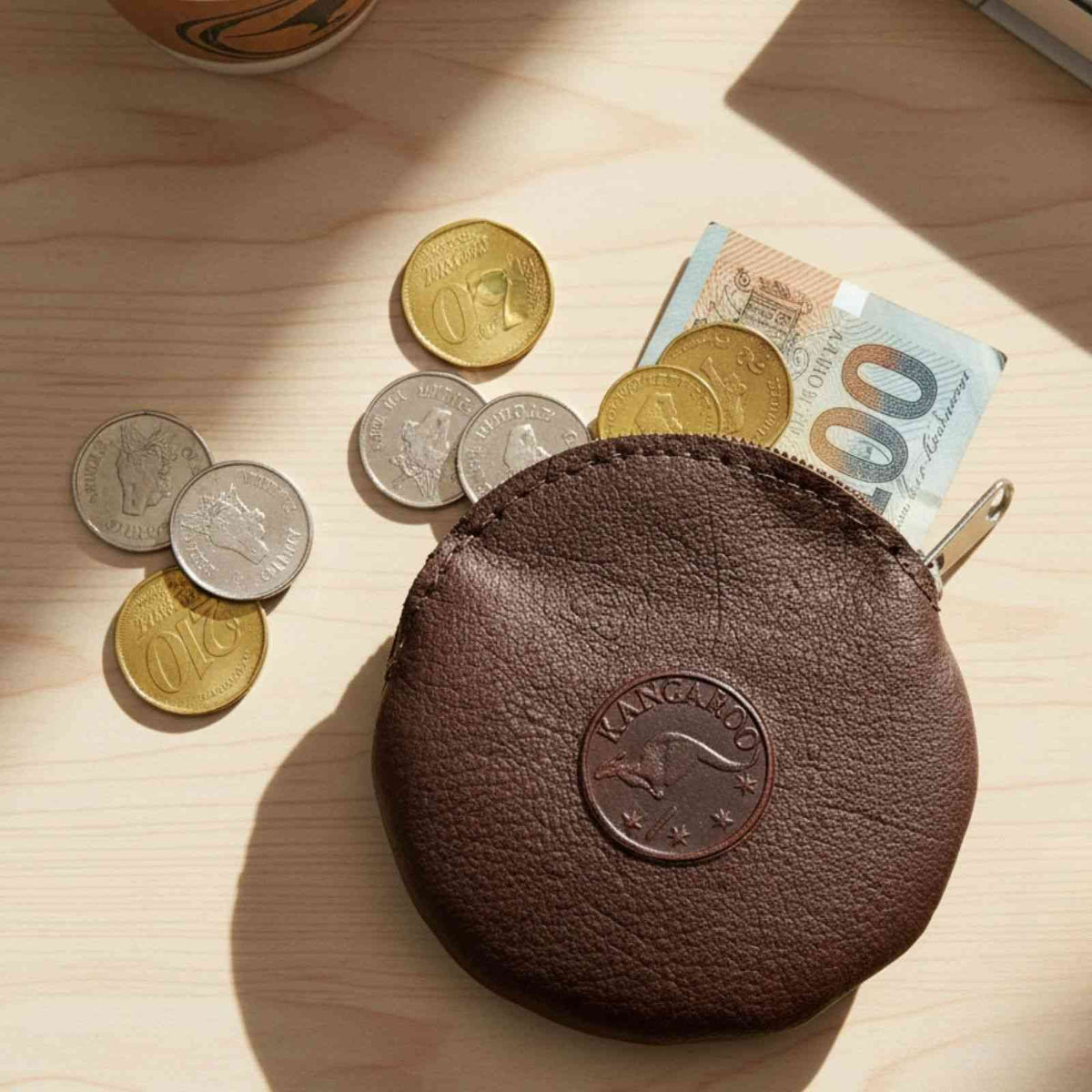 Jacaru 5535 Round Kangaroo Leather Coin Purse - Brown (Zip Pouch Made in Australia)