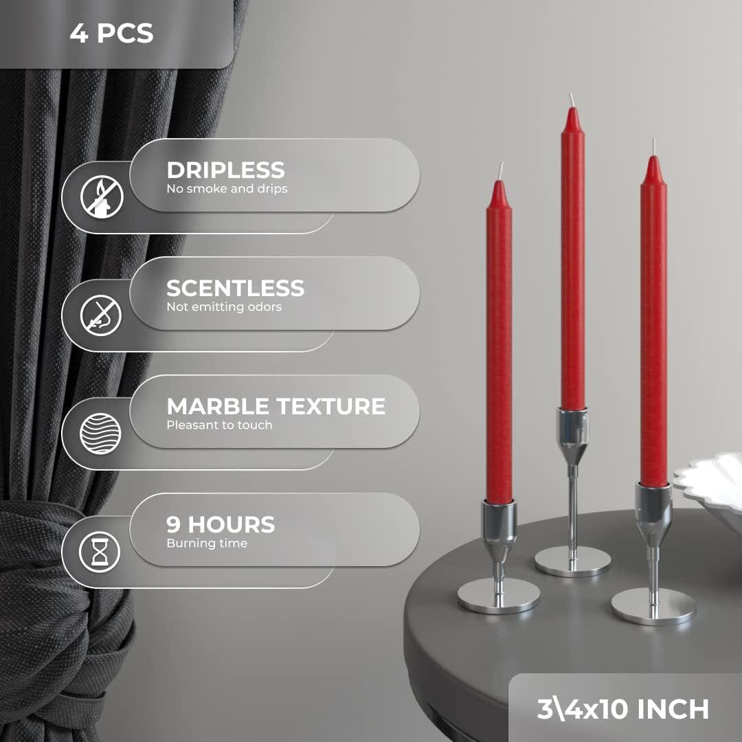 4x Red Tapered Dinner Candles 25cm - Unscented (Tall Wedding Table Candles)