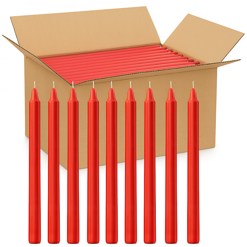 144x Red Tapered Dinner Candles 25cm Bulk Pack - Unscented (Tall Wedding Table Candles)