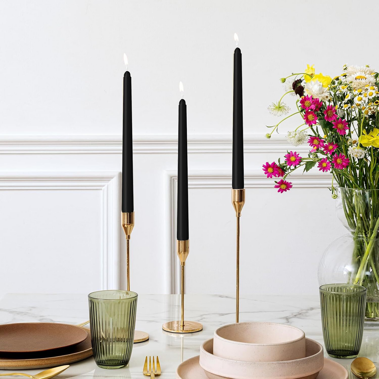 144x Tapered Dinner Candles Unscented Taper Wedding Candle 25cm in Black