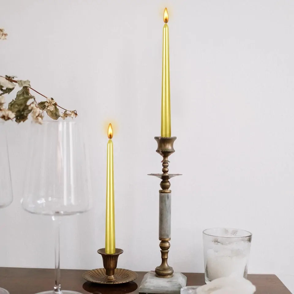 4x Tapered Dinner Candles Unscented Taper Wedding Candle 25cm in Metallic Gold