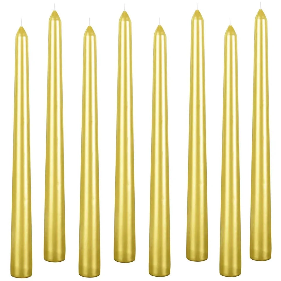 4x Tapered Dinner Candles Unscented Taper Wedding Candle 25cm in Metallic Gold